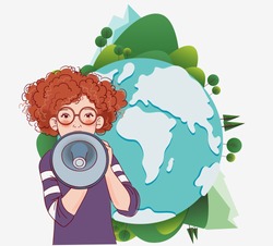 Young girl shouting on the megaphone. World map background. Eco friendly ecology concept