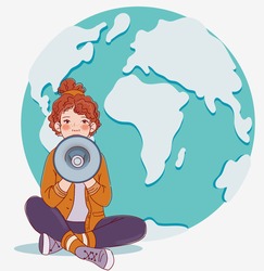 Young woman shouting on the megaphone. World map background
