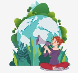 Young woman shouting on the megaphone. World map background