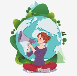 Young Woman Shouting Into Megaphone. World map background