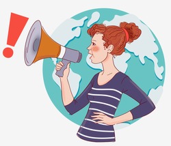 Young Woman Shouting Into Megaphone. World map background