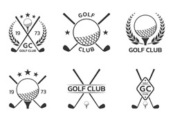 Golf club logo, badge or icon set with crossed golf clubs and ball on tee. Vector illustration.  