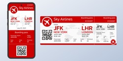 Plane ticket. Mobile boarding pass on the smartphone screen. Online, electronic and paper airline ticket. Modern flight card blank design with the airplane. Air travel or trip concept. Vector.