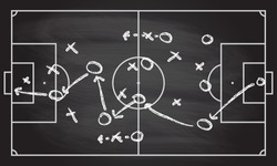 Football or soccer game strategy plan isolated on blackboard texture with chalk rubbed  background. Sport infographics element. Vector illustration. 