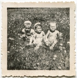 Vintage photo of babies playing on meadow, circa 1950