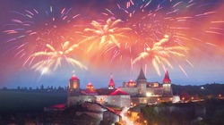 Old Castle Kamenetz-Podolsk medieval castle town of Kamenetz-Podolsk, Ukraine is one of the historical monuments. View of a beautiful evening with illumination  city lights in the night sky