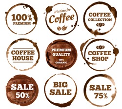Coffee labels. Watercolor dirty espresso cup ring stain logo. Cups logos stain splash texture with calligraphy. Vector stained insignia restaurant vintage isolated symbol illustration