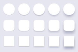 Button shadows. Simple shape shadow, clear buttons badges and miscellaneous shapes material shadows. App surface button, interface ui apps badge. Isolated 3d realistic vector icons set