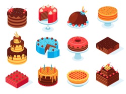 Isometric cakes. Chocolate cake slice, delicious sliced birthday pie and tasty pink glaze cake. Baking food, pastry sweet cream pies for birthday event. Isolated 3d vector symbols set