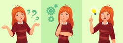 Teen girl think. Confused young female teenager, thoughtful girl student and answering question. Confused woman thinking doubt thoughts and find solution idea vector cartoon illustration