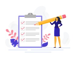Businesswoman checklist. Successful woman checking task success, completed business tasks. Check mark list, office organization briefings or questionnaire checkbox vector illustration