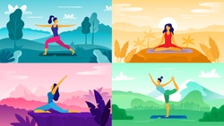 Yoga exercise on nature. Relax outdoors exercises, healthcare fitness and healthy lifestyle. Yoga poses, meditation aerobics positions or exercise therapy flat vector illustration set