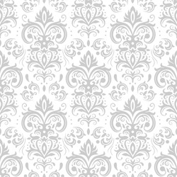 Decorative damask pattern. Vintage ornament, baroque flowers and silver venetian ornate floral ornaments. Royal victorian flourish wallpaper or diploma heraldry seamless vector background