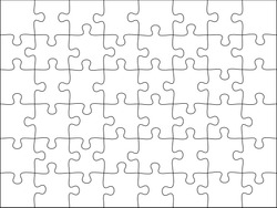 Puzzles grid template. Jigsaw puzzle 48 pieces, thinking game and 8x6 jigsaws detail frame design. Business assemble metaphor or puzzles game challenge vector illustration