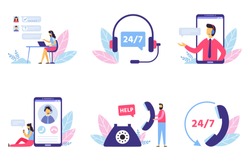 Customer support. Personal assistant service, person advisor and helpful advice services. Social media network services, online supporter agents. Isolated flat vector illustration icons set