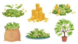 Cartoon cash. Green dollar banknotes pile, rich gold coins and pay. Cash bag, tray with stacks of bills and money tree. Wealth savings or investment isolated vector illustration icons set