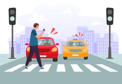 Crosswalk accident. Pedestrian with smartphone and headphones crossing road on red traffic lights, road safety. Car vehicle accident danger, street traffic rules vector illustration
