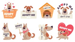Cartoon adopt dog. Help homeless animals find home concept, sad dogs with text adopt me, dont shop, puppies adoption vector set. Pet in doghouse, cardboard box, holding signboard, heart.
