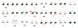 Manga expression. Anime girl facial expressions. Eyes, mouth and nose, eyebrows in japanese style. Manga woman emotions cartoon vector set. Illustration character manga facial girl, cute expression