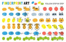 Fingerprint art steps. Worksheet for kid learning to draw animals. Paint with finger print kindergarten activity. Game for child vector page. Drawing cat and apple, fish and bee, panda, monkey