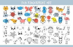 Paint with finger prints. Kids fingerprint learning art game and quiz worksheet with characters. Education drawing for children vector sheet. Preschool or nursery funny activity for painting