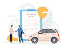 Car insurance policy. Man handshake with agent. Contract for safe and protect automobile from disaster or crash. Guarantee vector concept. Agreement for damaged vehicle service, deal