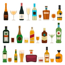 Alcoholic bottles and glasses. Alcohol cocktail drinks, champagne, beer, brandy and martini, gin and cognac. Bar menu flat vector icons set