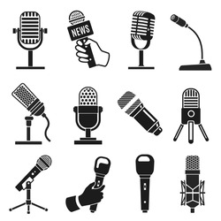 Microphone silhouette. Modern and old vintage mic icons. Music or podcast recording. Logo element for karaoke and radio broadcast vector set