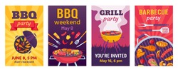 Barbecue posters. BBQ party invitations for summer outdoor picnic in park or back yard with food on grill. Cookout event flyers vector set. Illustration bbq picnic poster template, grill barbecue