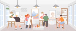 Workshop classroom with artists painting art work on easels. Painters man and woman. Creative draw courses studio, paint class vector poster. Illustration of artist class studio, hobby education