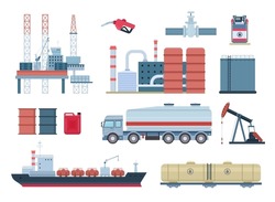 Oil industry and gas production elements, refinery and drilling platform. Fuel transportation, tank truck and ship. Petroleum rig vector set. Refinery, plant industrial or chemical equipment