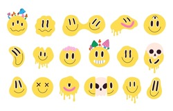 Retro melting crazy and dripping smiley face with mushrooms. Distorted graffiti emoji with skull. Hippie groovy smile character vector set. Positive facial expressions with brain and skull