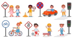 School kids street safety, signs and crosswalk rules. Traffic light go and stop signal. Kid bike and car. Cartoon road education vector set. Renovation works, children playing with ball