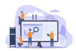 Web hosting or cloud computing poster with system admins. People maintain data technology software. Database storage service vector concept. Illustration of computer cloud hosting