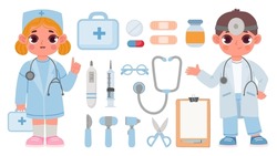 Kids doctor toys, boy and girl in medical uniform. Cartoon stethoscope, syringe, thermometer, pill and plaster for hospital play vector set. Children with medical equipment for treatment