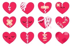 Broken sad hearts with tears, cracks, aid bandages and stitches. Heartbreak, divorce and relationship breakup symbol characters vector set. Depressive feelings, wounds with bandages