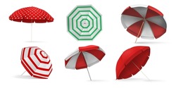 Realistic 3d sea beach umbrella for sun protection. Sunshade parasol with white red stripes top and angle view. Umbrella for pool vector set. Equipment for summer vacation or resort