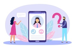 Customer support content. Cartoon woman and man asking questions and chatting with personal assistant. Smartphone screen with operator in headset helping and supporting clients vector