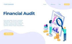 Financial audit service concept analysing chart landing page. Vector analyse concept business service, illustration of chart analysis financial
