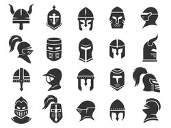 Medieval helmets. Ancient warrior knight head armor with visor plumage, spartan fighter protective elements flat style. Vector isolated collection of warrior head helmet, medieval knight illustration