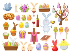 Big collection of Happy Easter objects. Cartoon style design vector illustration. Set of spring religious christian colorful items.