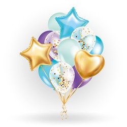 Heart star Gold balloon Bouquet. Frosted party balloons event design. Balloons isolated in the air. Party decorations wedding, birthday, celebration, love, valentines, kids. Color transparent balloon