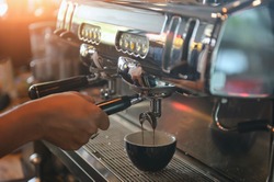 coffee machine,Coffee machine in steam, barista preparing coffee at cafe