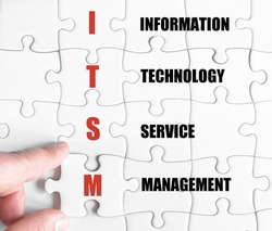 Hand of a business man completing the puzzle with the last missing piece.Concept image of Business Acronym ITSM as Information Technology Service Management
