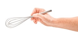Male hand holding a egg beater mixer whisk, isolated over the white background