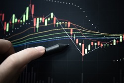 Charts of stock market instruments with various type of indicators and volume analysis for professional technical analysis on the monitor of a computer. Fundamental and technical analysis concept.