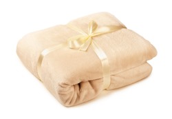 Soft beige fleece blanket gift, folded isolated on a white background