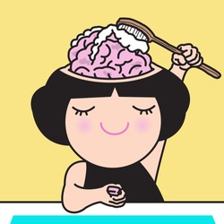 Girl Washing And Cleaning Her Own Brain. Concept Of Brainwashing, Clear Your Mind Card Character illustration