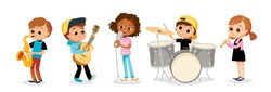 Child music band. Children playing music.Cartoon kids playing musical instruments and singing. 