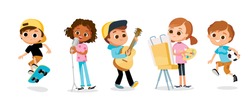 Children's hobbies. Kids with objects. Creative and active school kids.